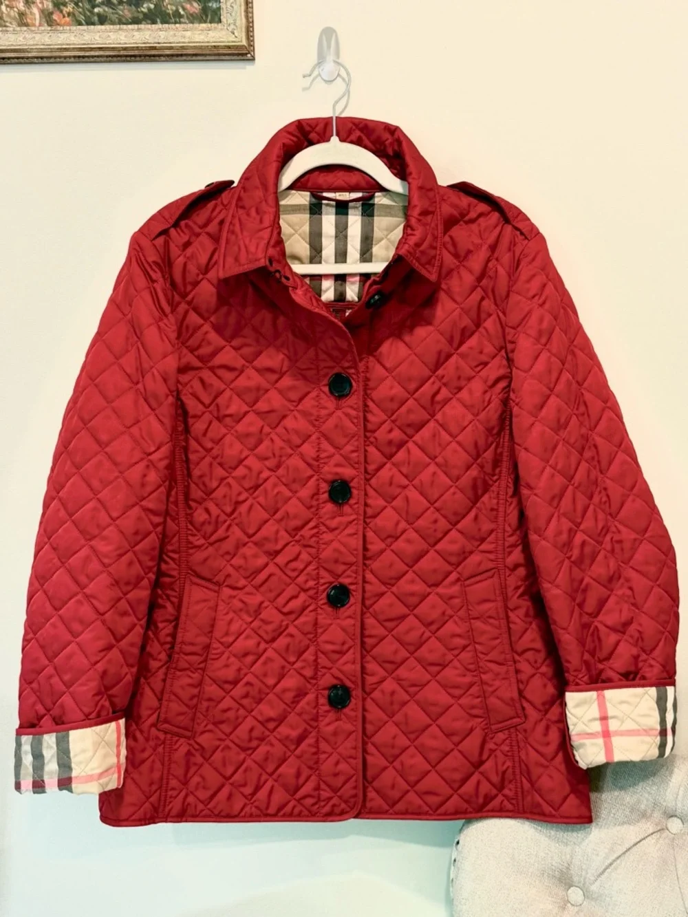 Burberry Quilted Jacket Red Classic Nova Plaid Check Lining Size XL - Picture 1 of 15